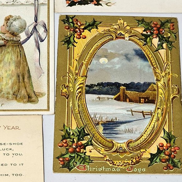 Antique Christmas New Years Postcard Lot/14 ephemera 1910s Embossed bells floral - Picture 6 of 11